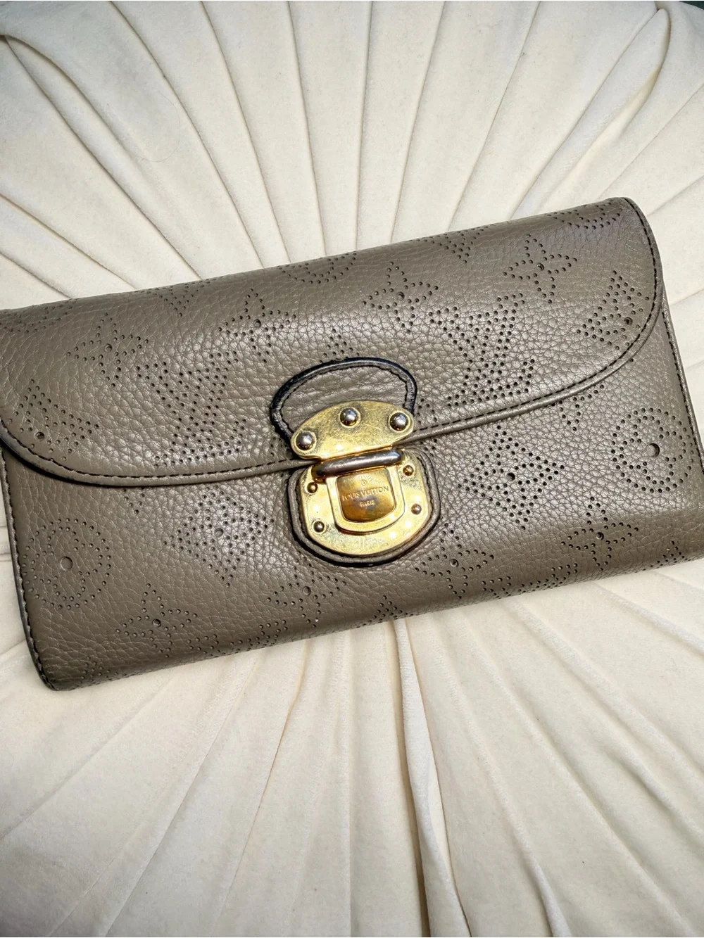 Louis Vuitton Taupe Perforated Monogram Leather Clutch with Gold Lock